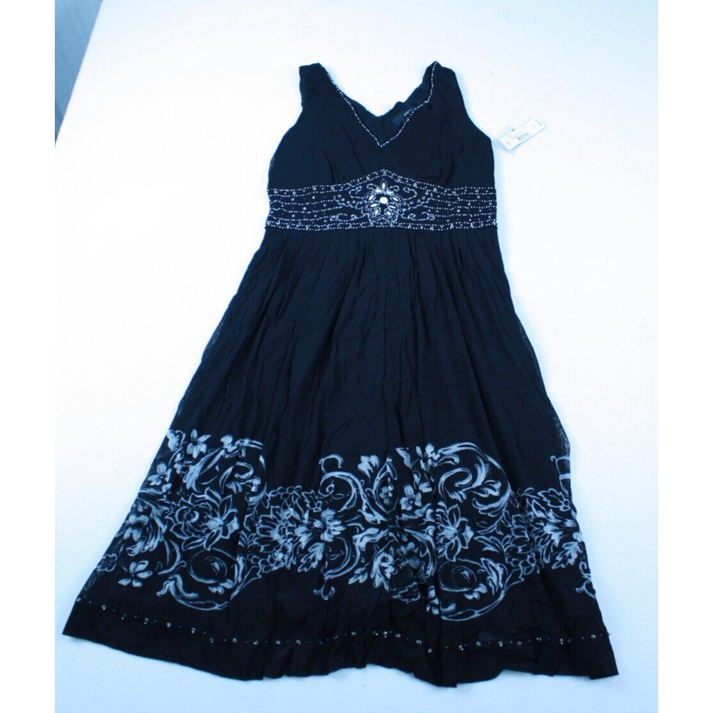 Boho Black Floral Midi Dress 6 Cottagecore Y2K Indie Soft Girl Deadstock Beaded